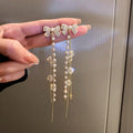 Crystal Bow Long Chain Pearl Tassel Statement Earrings view 6