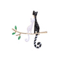 Black and White Cats on Branch Brooch with Green Leaves view 1