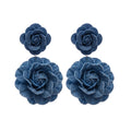 Blue Fabric Double Flower Drop Stud Earrings Jewelry Pair view 5