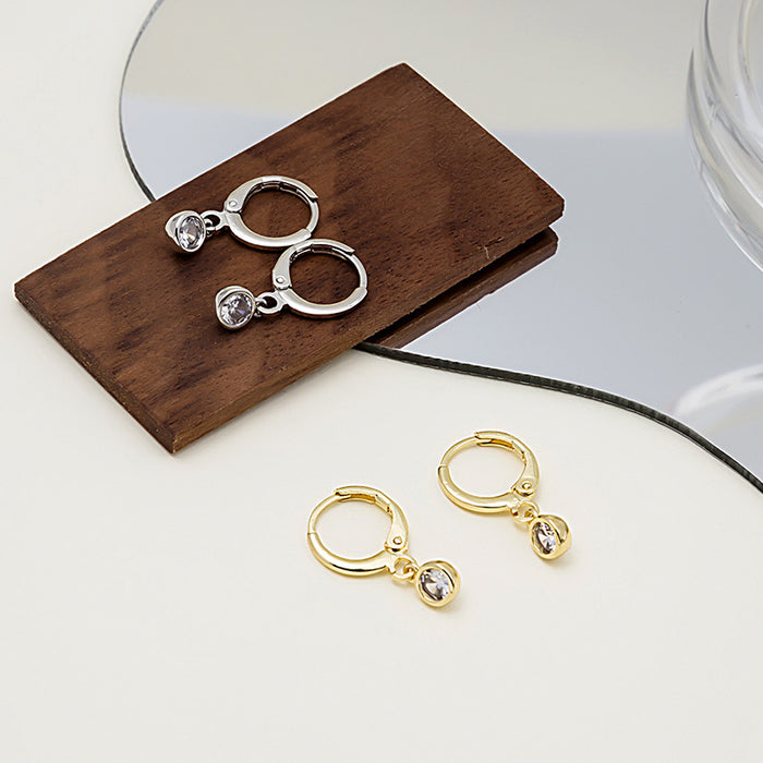 Round Gem Drop Huggie Hoop Earrings Gold Silver Metal