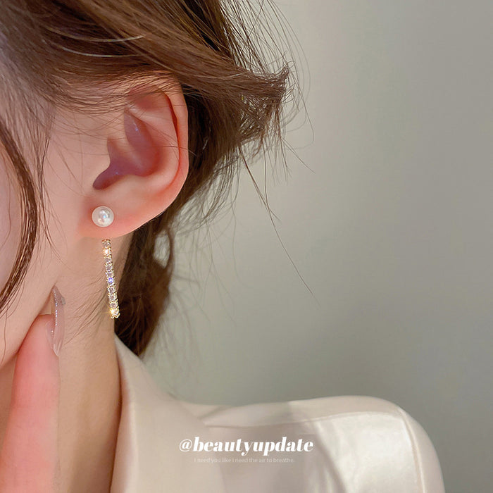 Gold Pearl Crystal Bar Chain Drop Earrings Polished Metal Jewelry