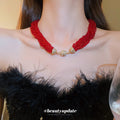 Red Multi Strand Seed Bead Choker Gold Crystal Clasp view 3