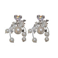 Silver Crystal Floral Earrings with Pearl Drop Fringe view 5