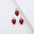 Textured Red Strawberry Charm with Green Enamel Leaf and Gold Tone Loop view 2