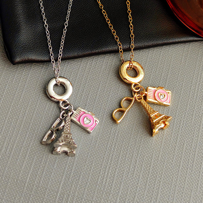 Camera Glasses and Eiffel Tower Charm Necklace in Two Tones