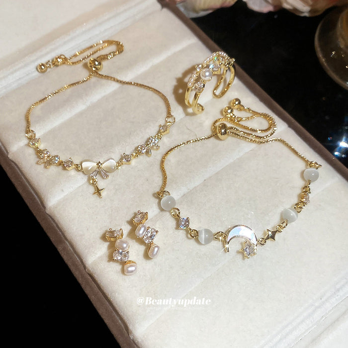Gold Bow Moon Pearl Adjustable Bracelets Open Ring