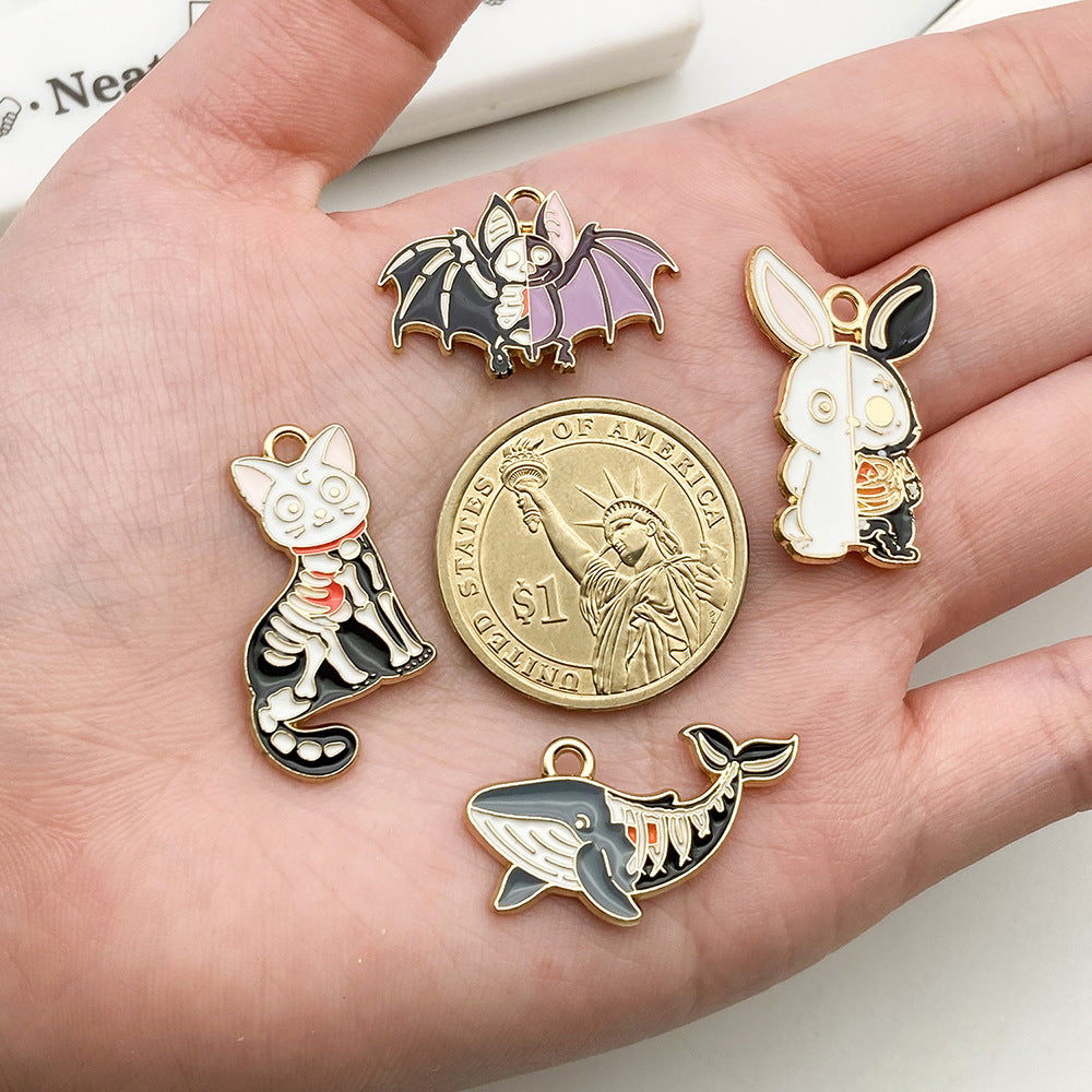 Zinc Alloy Halloween Skull Cat Fish Bat Enamel Charm Pendants for DIY Earrings Necklace