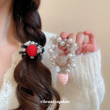 Pearl Mesh Scrunchies Flocked Strawberry Charm Two Colors