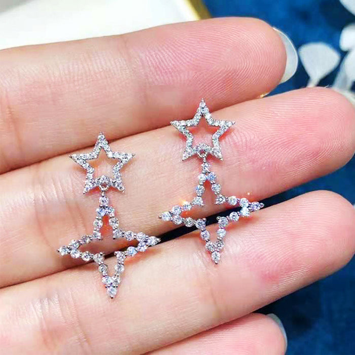 Silver Tone Double Star Crystal Drop Stud Earrings