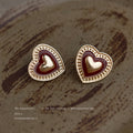 Gold Wine Red Enamel Heart Stud Earrings Beaded Border view 4