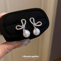 Crystal Bow and Pearl Drop Stud Earrings for Women view 1