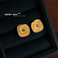 Gold Textured Swirl Square Green Crystal Stud Earrings Pair view 4