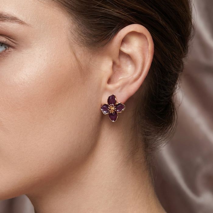 Burgundy Four Petal Flower Gold Tone Stud Earrings