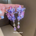 Purple Crystal Flower Cluster Drop Earrings with Polished Metal Accents view 2