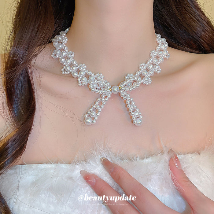 Silver Tone Crystal Bow Statement Necklace Decorative Jewelry