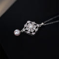 Silver Tone Crystal Diamond Flower and Faux Pearl Pendant Necklace view 4
