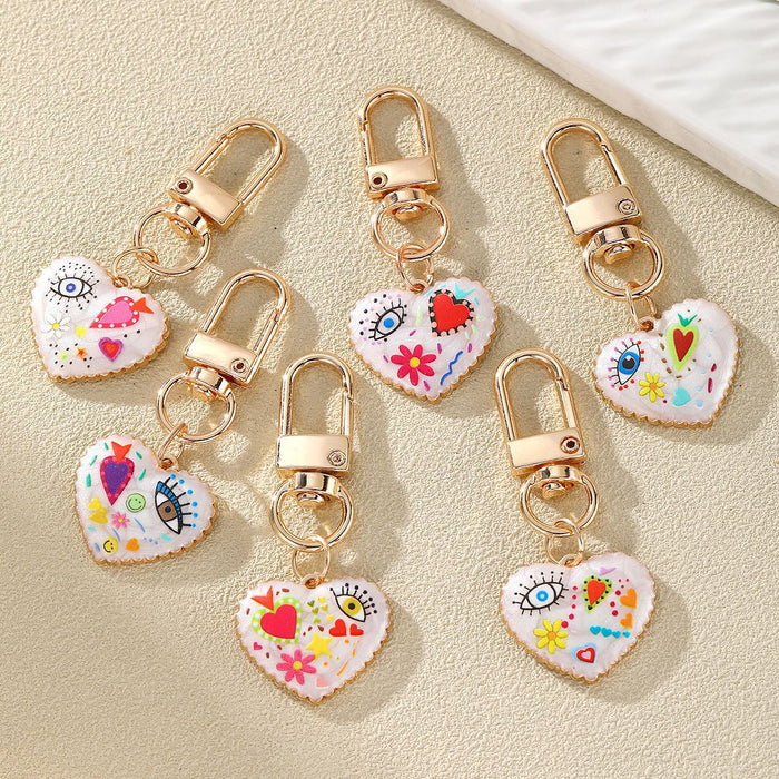 Gold Tone Small Printed Heart Evil Eye Clip Keychains in Six Designs