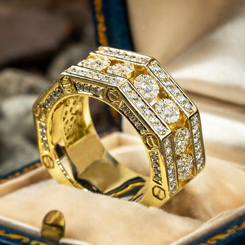 Gold Three Row Round Stone Wide Ring Metal Jewelry Design shown from an alternate angle