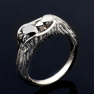 Blackened Silver Eagle Wing Ring Black Stone Center
