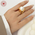 Gold And Steel Angular Band Rings With Large White Pearl view 3