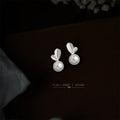 Silver Veined Leaf Top White Pearl Round Stud Earrings view 1
