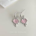 Silver-Tone C-Hoop Pink Heart Cat-Eye Drip Drop Earrings view 1