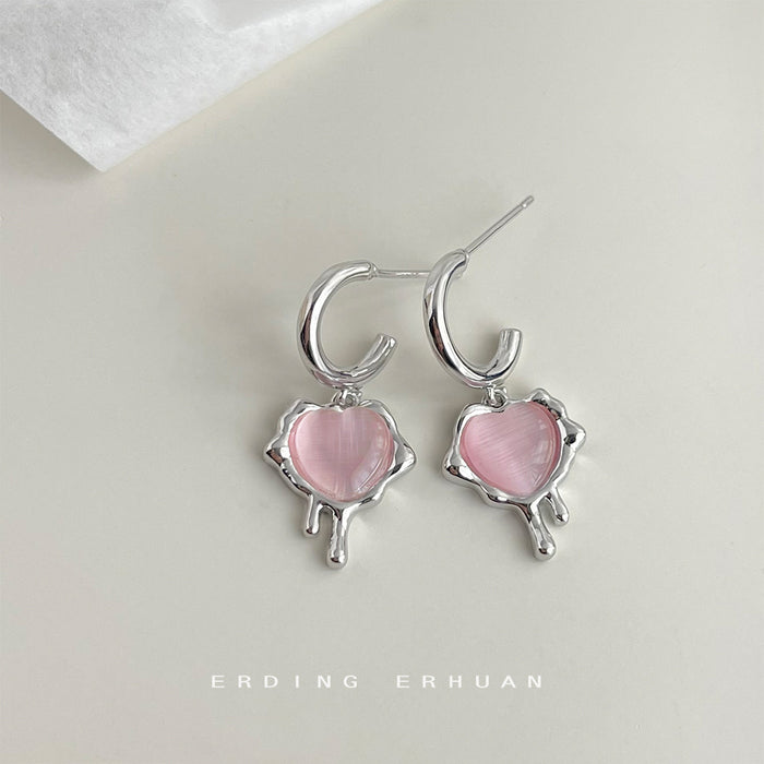 Silver-Tone C-Hoop Pink Heart Cat-Eye Drip Drop Earrings