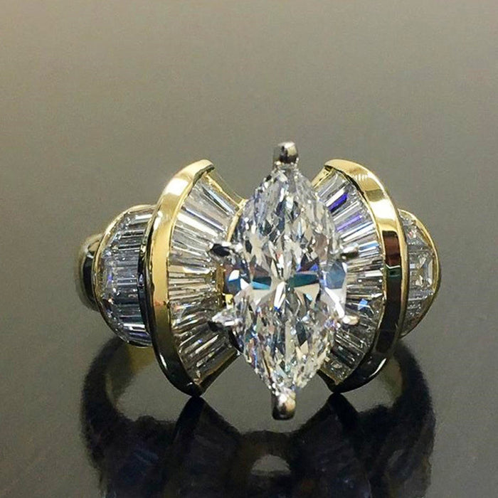 Marquise Solitaire Baguette Fan Ring In Polished Gold Tone