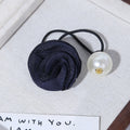 Navy Fabric Rose Pearl Look Ball Decorative Elastic Hair Tie view 1
