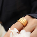 Gold Steel Open Signet Ring Textured Organic Face Size 7 view 3