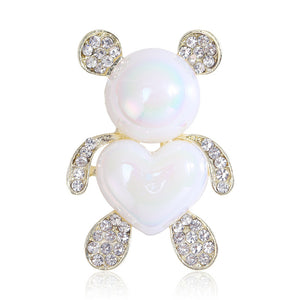Bear Brooch Pin with Iridescent White Heart Body and Clear Rhinestones, Gold-Tone