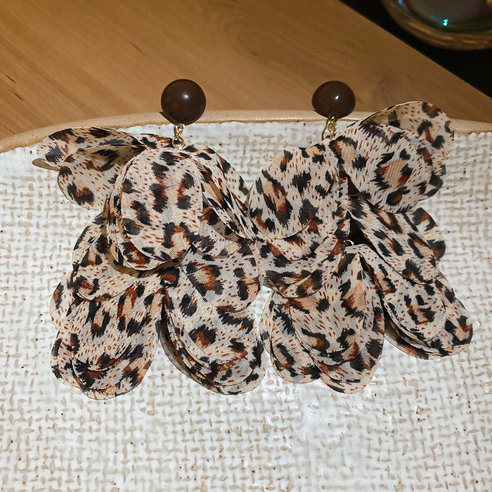 Leopard Print Fabric Flower Drop Stud Earrings Jewelry Accessory