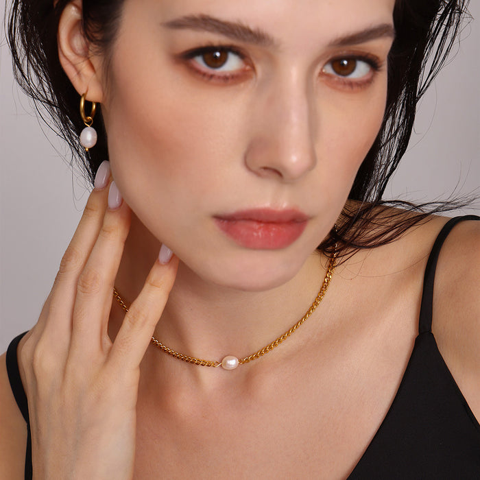 Gold Curb Chain Freshwater Pearl Choker and Hoop Earrings