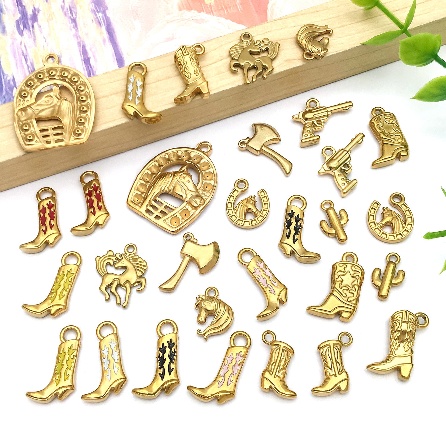 Enamel Stainless Steel Cowboy Hat Boot Cactus Gun Charm Pendant for DIY Necklace Jewelry