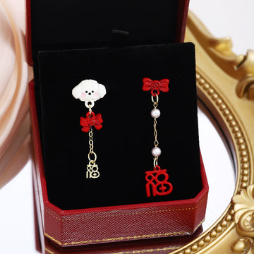 Mismatched Dog Bow and Blessing Long Stud Earrings
