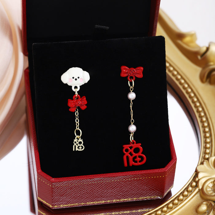 Mismatched Dog Bow and Blessing Long Stud Earrings