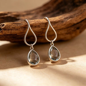 Silver Tone Loop and Smoky Faceted Teardrop Earrings
