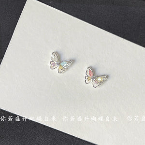 Silver Tone Pastel Iridescent Stone Open Butterfly Stud Earrings
