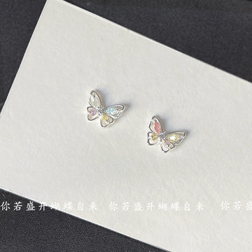 Silver Tone Pastel Iridescent Stone Open Butterfly Stud Earrings