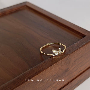 Gold Tone Bamboo Joint Band Ring Clear CZ Leaf Detail