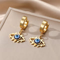 Gold Tone Hamsa Star and Lash Evil Eye Huggie Drop Earrings view 3