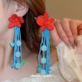 Red Flower and Blue Beaded Tassel Statement Earrings view 1