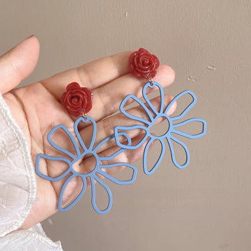 Blue Wire Flower and Red Rose Stud Earrings With Metal Details
