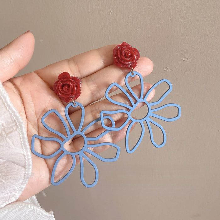 Blue Wire Flower and Red Rose Stud Earrings With Metal Details