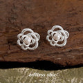 Silver Textured Camellia Flower Pearl Stud Earrings view 1