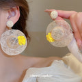 Woven Straw Hat Pendant Earrings with Yellow Flowers view 1