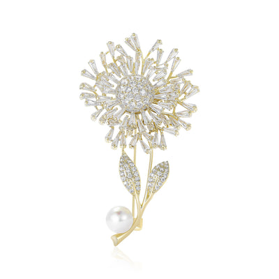 Front view of the crystal dandelion flower brooch in white and purple brooch and its color options