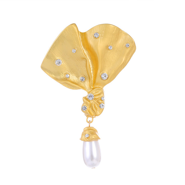 Gold Tone Ginkgo Leaf Pearl Look Metal Brooch Pin for Jackets and Lapels