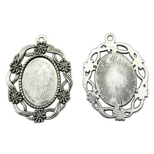 Floral Leaf Oval Cabochon Settings antique silver front and back view