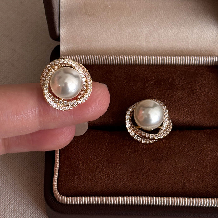 Gold Tone Pearl Stud Earrings with Crystal Round Frames
